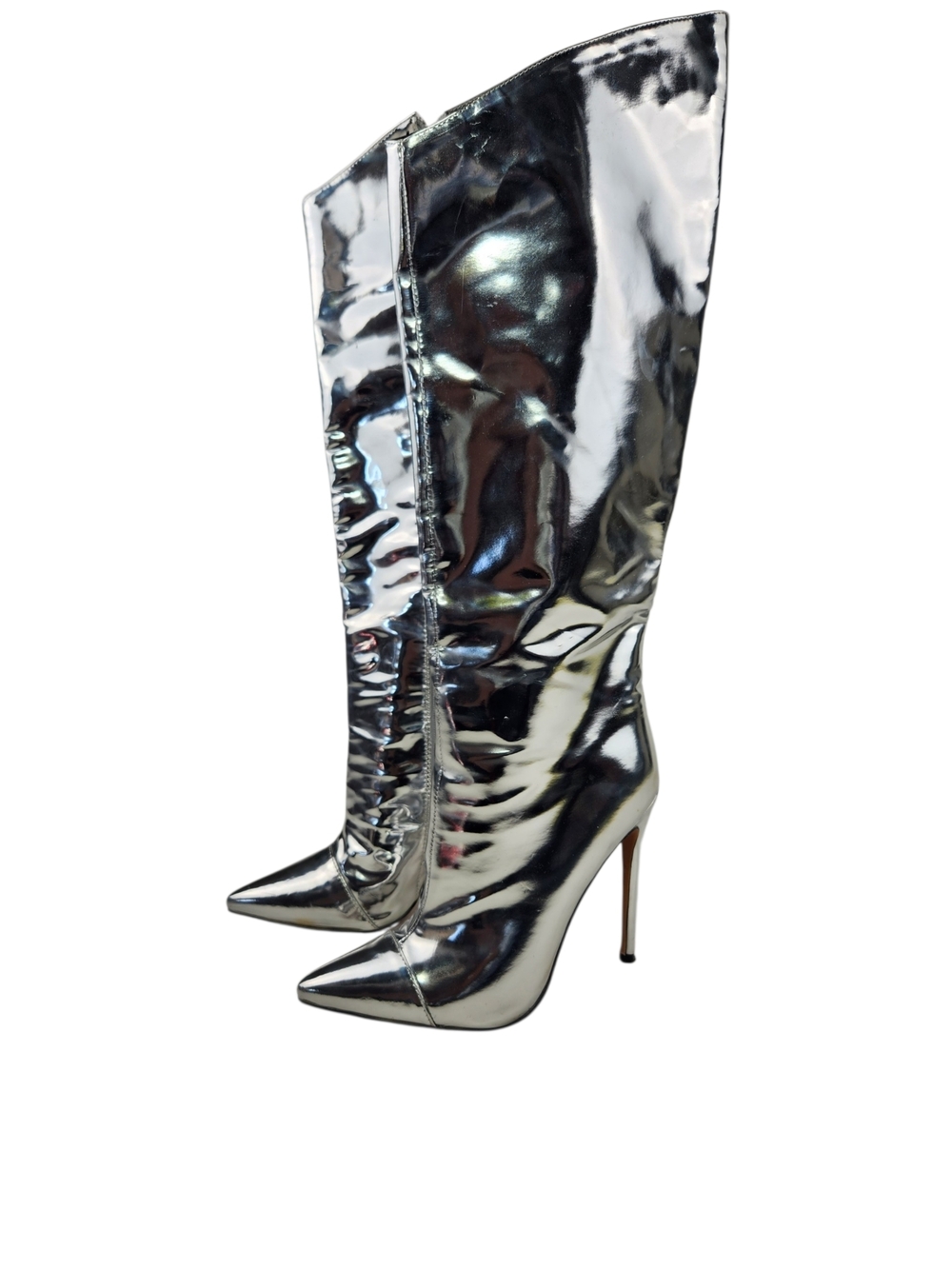 Silver Metallic Knee-High Stiletto Boots Size 38 Pointed Toe Futuristic Space 8 - Picture 4 of 16